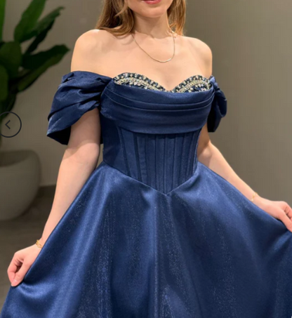 Glam Off-Shoulder A-Line Long Prom Dresses Satin Navy Blue Evening Dresses ED04504