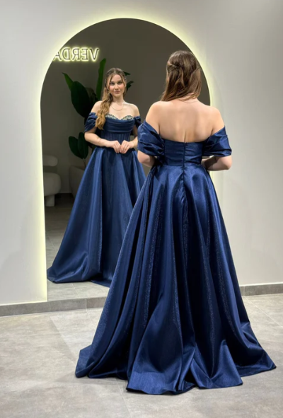 Glam Off-Shoulder A-Line Long Prom Dresses Satin Navy Blue Evening Dresses ED04504