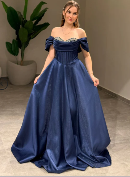 Glam Off-Shoulder A-Line Long Prom Dresses Satin Navy Blue Evening Dresses ED04504
