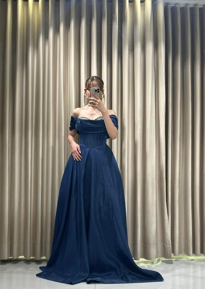 Glam Off-Shoulder A-Line Long Prom Dresses Satin Navy Blue Evening Dresses ED04504