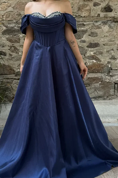 Glam Off-Shoulder A-Line Long Prom Dresses Satin Navy Blue Evening Dresses ED04504
