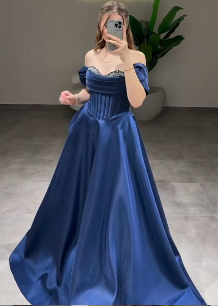 Glam Off-Shoulder A-Line Long Prom Dresses Satin Navy Blue Evening Dresses ED04504