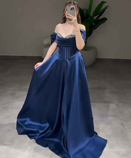 Glam Off-Shoulder A-Line Long Prom Dresses Satin Navy Blue Evening Dresses ED04504