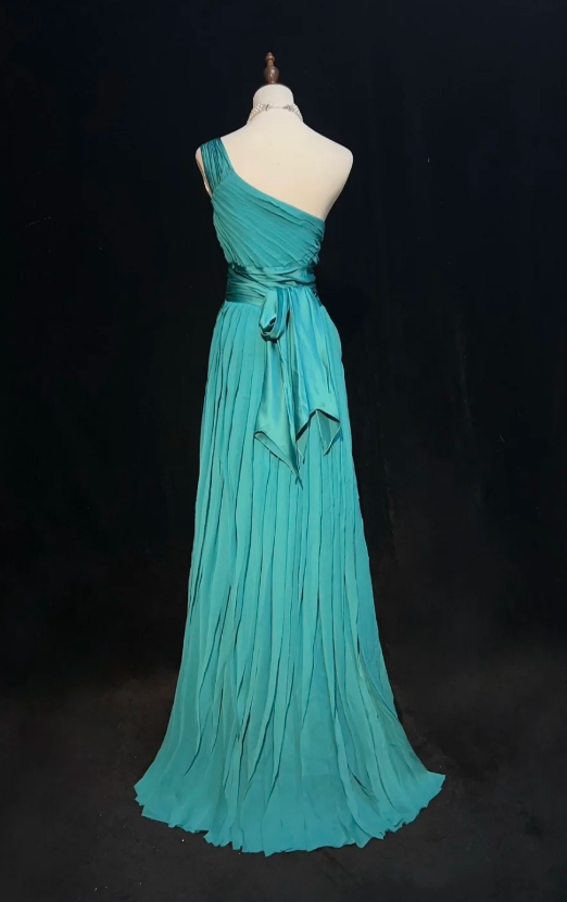 Glam One-Shoulder Sheath Pleated Long Prom Dresses Chiffon Turquoise Evening Dresses ED04505