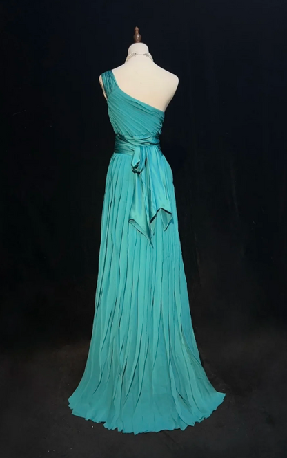 Glam One-Shoulder Sheath Pleated Long Prom Dresses Chiffon Turquoise Evening Dresses ED04505