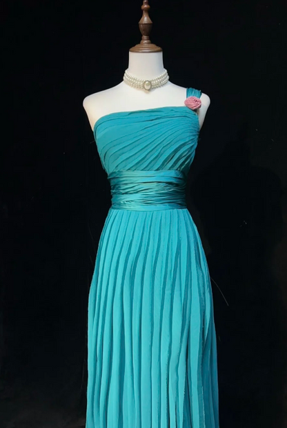 Glam One-Shoulder Sheath Pleated Long Prom Dresses Chiffon Turquoise Evening Dresses ED04505