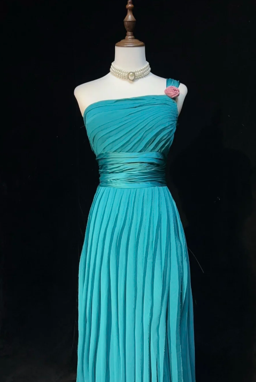 Glam One-Shoulder Sheath Pleated Long Prom Dresses Chiffon Turquoise Evening Dresses ED04505
