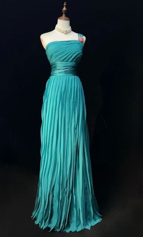 Glam One-Shoulder Sheath Pleated Long Prom Dresses Chiffon Turquoise Evening Dresses ED04505