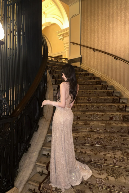 Sexy Spaghetti Strap Sheath Long Prom Dresses with Slits Gold Backless Evening Dresses ED04507