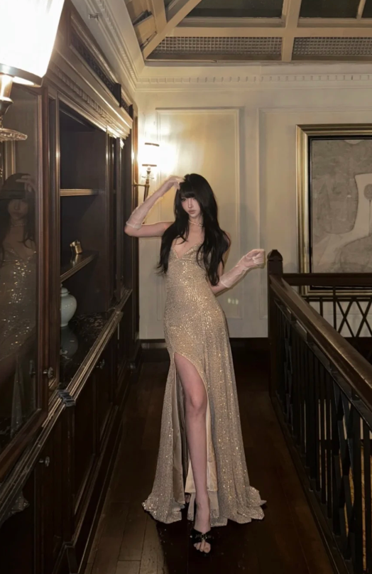 Sexy Spaghetti Strap Sheath Long Prom Dresses with Slits Gold Backless Evening Dresses ED04507