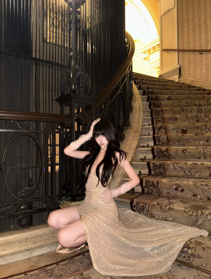 Sexy Spaghetti Strap Sheath Long Prom Dresses with Slits Gold Backless Evening Dresses ED04507