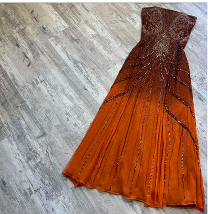 Vintage Strapless Sheath Long Prom Dresses Beaded Chiffon Evening Dresses ED04508