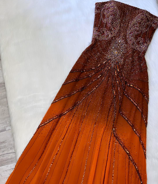 Vintage Strapless Sheath Long Prom Dresses Beaded Chiffon Evening Dresses ED04508