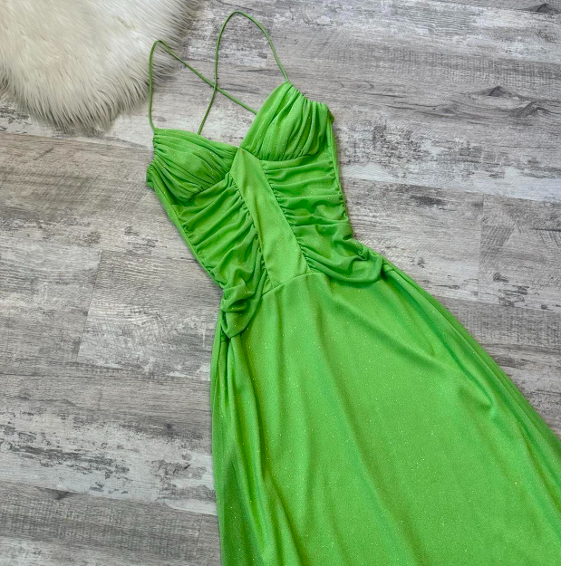 Glitter Spaghetti Strap A-Line Long Prom Dresses Chiffon Green Formal Dresses ED04509