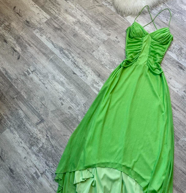 Glitter Spaghetti Strap A-Line Long Prom Dresses Chiffon Green Formal Dresses ED04509