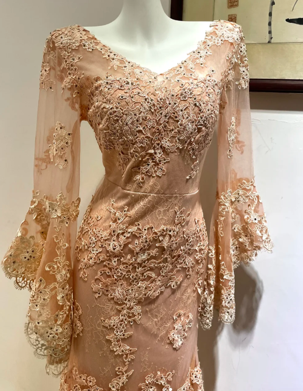 Elegant V-neck Memaid Long Prom Dresses Long Sleeve Chiffon Applique Champagne Evening Dresses ED04510