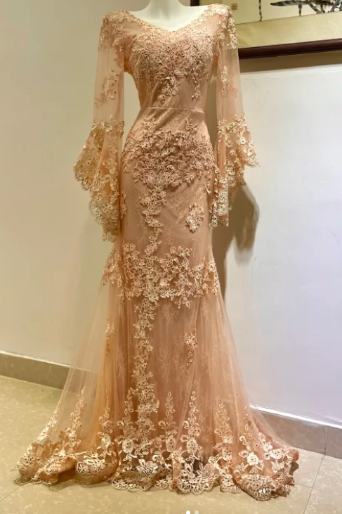 Elegant V-neck Memaid Long Prom Dresses Long Sleeve Chiffon Applique Champagne Evening Dresses ED04510