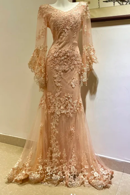Elegant V-neck Memaid Long Prom Dresses Long Sleeve Chiffon Applique Champagne Evening Dresses ED04510