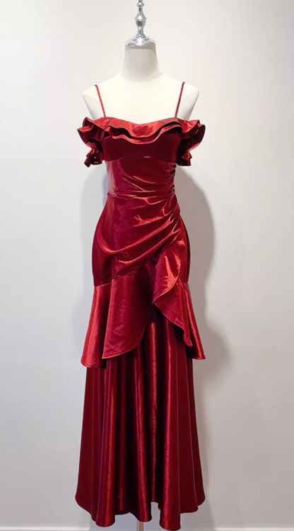 Chic Spaghetti Strap Sheath Long Prom Dresses Satin Ruffle Burgundy Formal Dresses ED04512