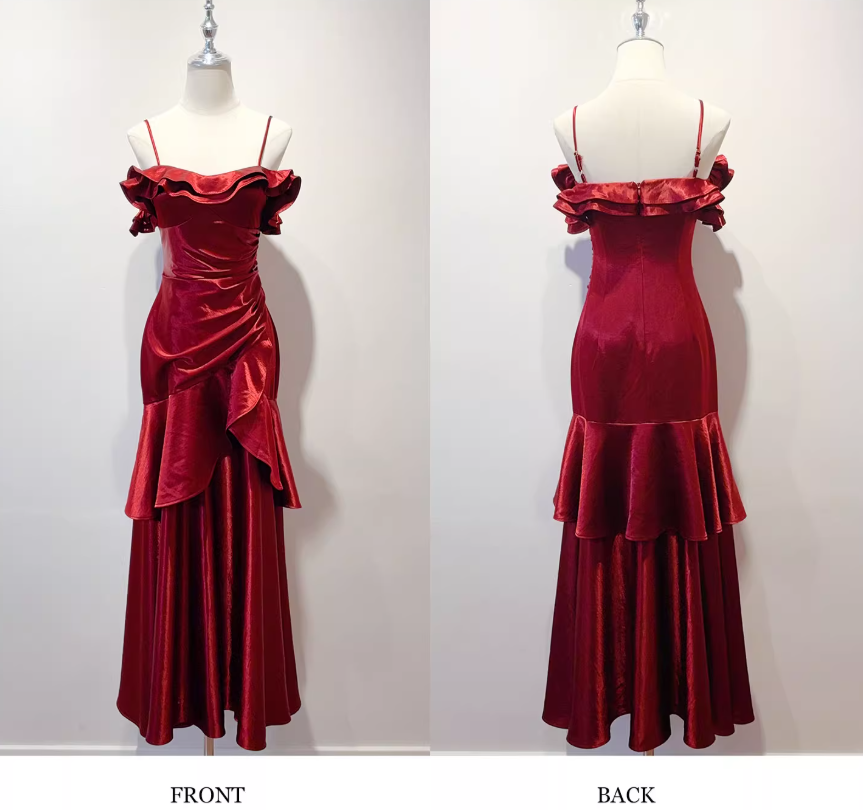 Chic Spaghetti Strap Sheath Long Prom Dresses Satin Ruffle Burgundy Formal Dresses ED04512