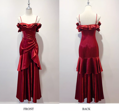 Chic Spaghetti Strap Sheath Long Prom Dresses Satin Ruffle Burgundy Formal Dresses ED04512