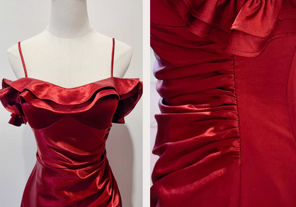 Chic Spaghetti Strap Sheath Long Prom Dresses Satin Ruffle Burgundy Formal Dresses ED04512