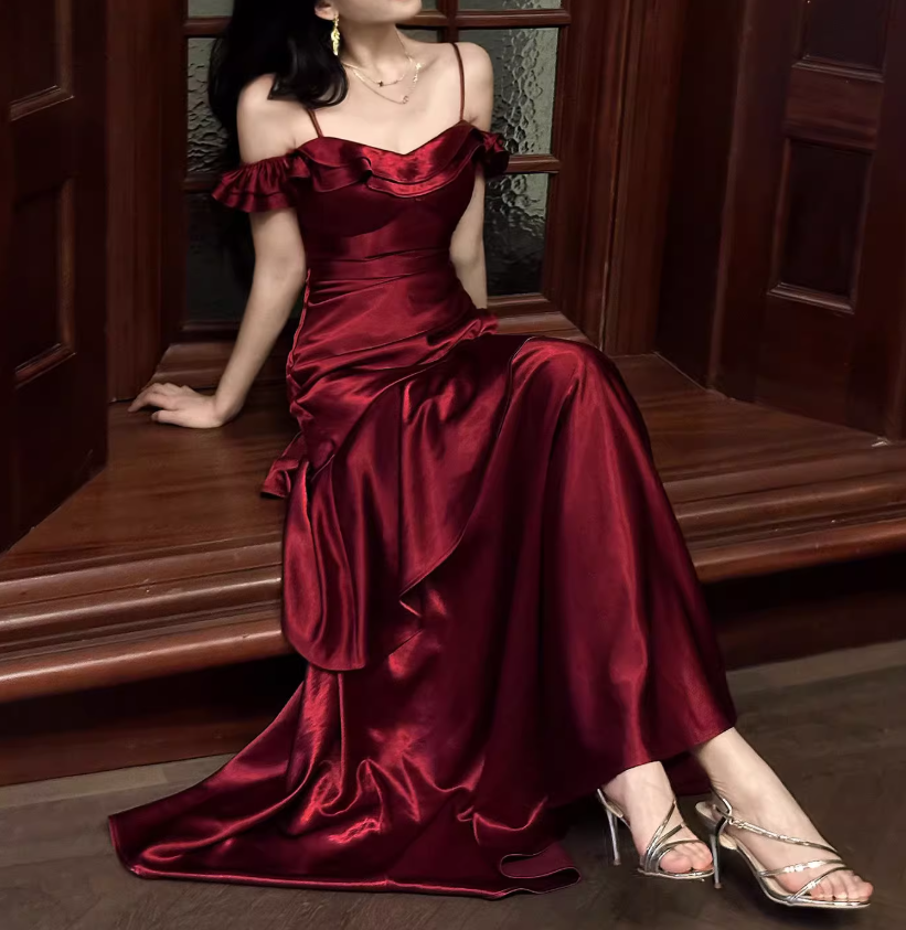 Chic Spaghetti Strap Sheath Long Prom Dresses Satin Ruffle Burgundy Formal Dresses ED04512