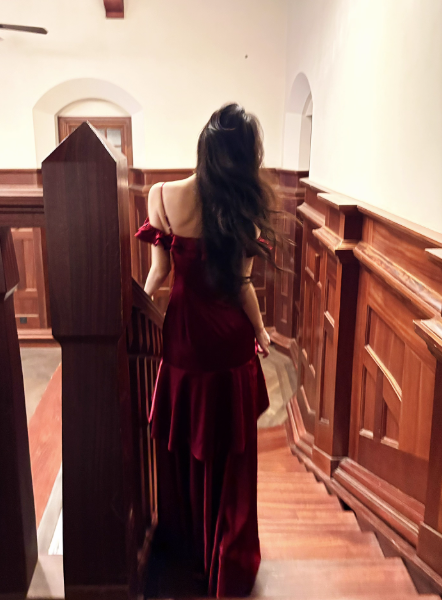 Chic Spaghetti Strap Sheath Long Prom Dresses Satin Ruffle Burgundy Formal Dresses ED04512