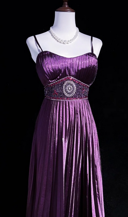 Elegant Spaghetti Strap Sheath Long Prom Dresses with Pleats Vintage Dark Purple Formal Dresses ED04513