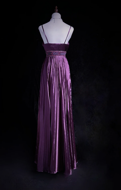 Elegant Spaghetti Strap Sheath Long Prom Dresses with Pleats Vintage Dark Purple Formal Dresses ED04513