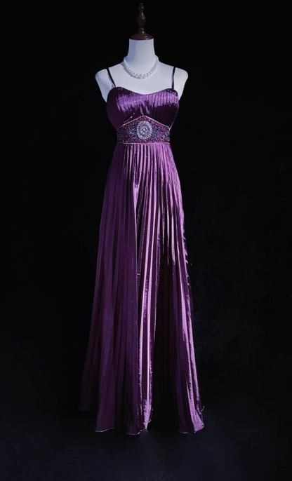 Elegant Spaghetti Strap Sheath Long Prom Dresses with Pleats Vintage Dark Purple Formal Dresses ED04513