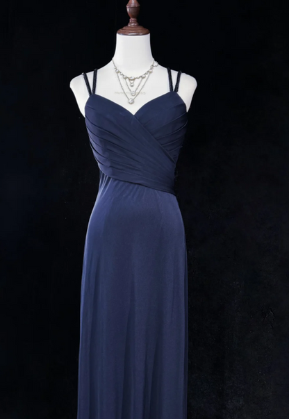 Classic V-neck Sheath Long Prom Dresses Vintage Navy Blue Open Back Formal Dresses ED04514