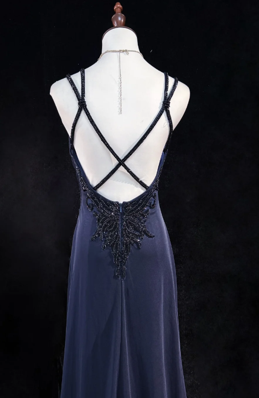 Classic V-neck Sheath Long Prom Dresses Vintage Navy Blue Open Back Formal Dresses ED04514