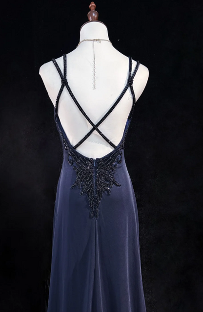 Classic V-neck Sheath Long Prom Dresses Vintage Navy Blue Open Back Formal Dresses ED04514