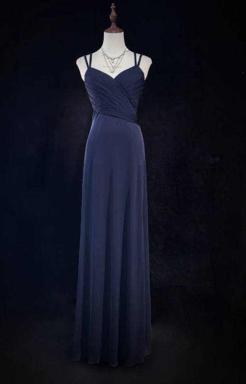 Classic V-neck Sheath Long Prom Dresses Vintage Navy Blue Open Back Formal Dresses ED04514