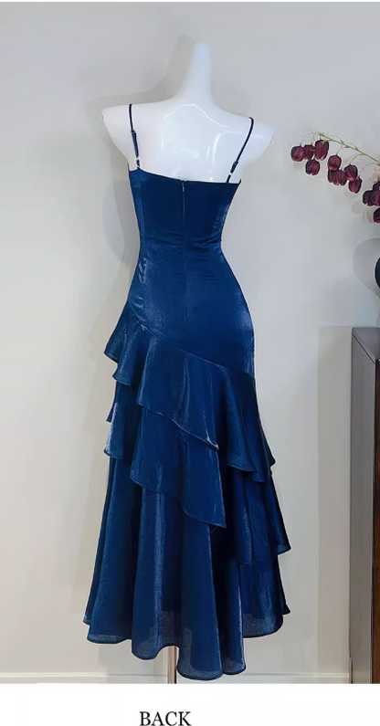 Chic Spaghetti Strap Sheath Blue Long Prom Dresses with Ruffles, Satin Blue Formal Dresses ED04516