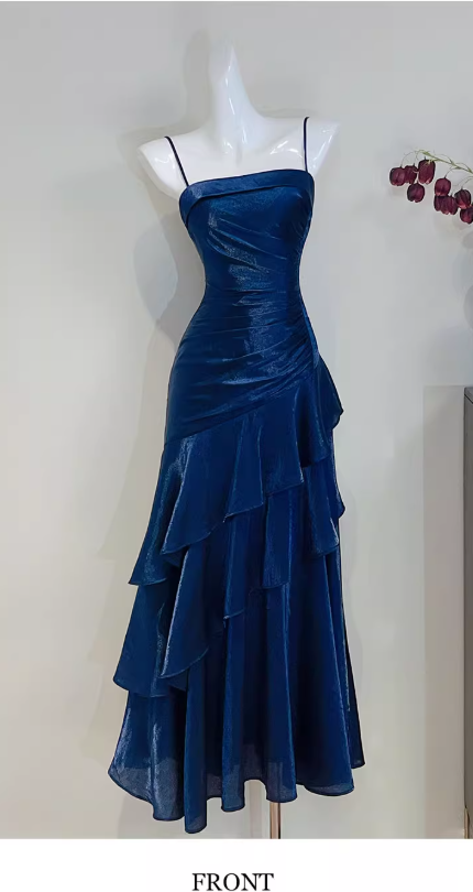 Chic Spaghetti Strap Sheath Blue Long Prom Dresses with Ruffles, Satin Blue Formal Dresses ED04516