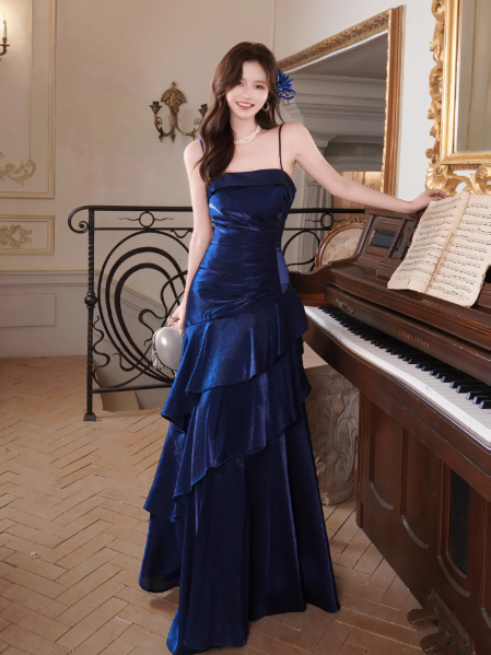 Chic Spaghetti Strap Sheath Blue Long Prom Dresses with Ruffles, Satin Blue Formal Dresses ED04516
