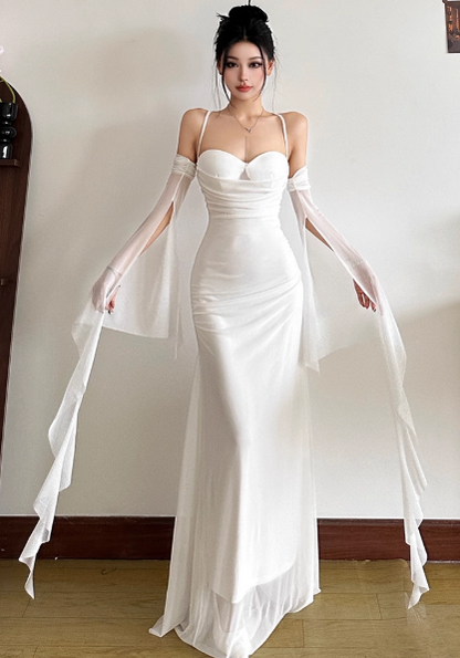 Elegant Bodycon Spaghetti Strap White Long Prom Dresses, Chiffon White Formal Dresses ED04518