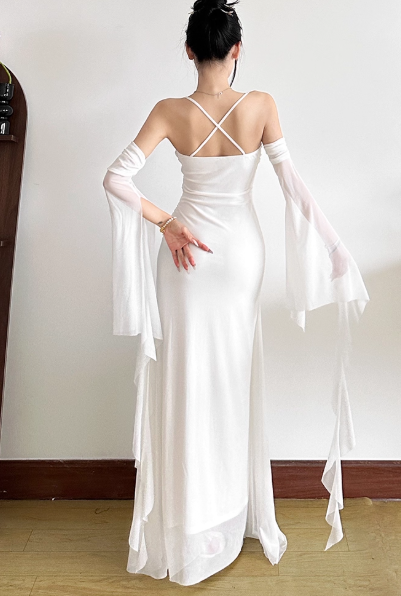 Elegant Bodycon Spaghetti Strap White Long Prom Dresses, Chiffon White Formal Dresses ED04518