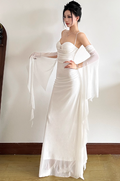Elegant Bodycon Spaghetti Strap White Long Prom Dresses, Chiffon White Formal Dresses ED04518