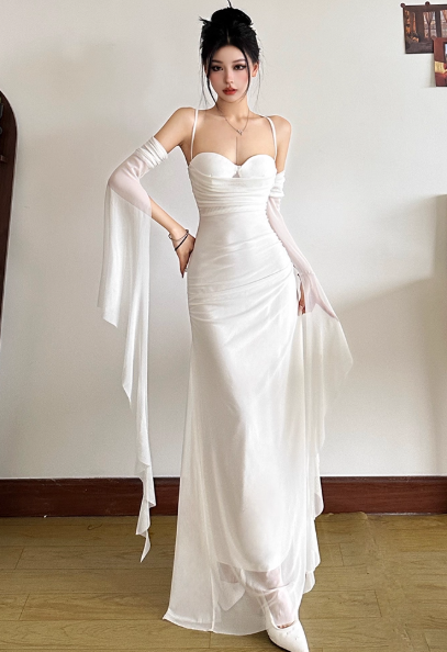 Elegant Bodycon Spaghetti Strap White Long Prom Dresses, Chiffon White Formal Dresses ED04518