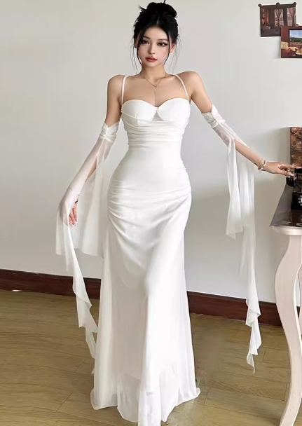 Elegant Bodycon Spaghetti Strap White Long Prom Dresses, Chiffon White Formal Dresses ED04518