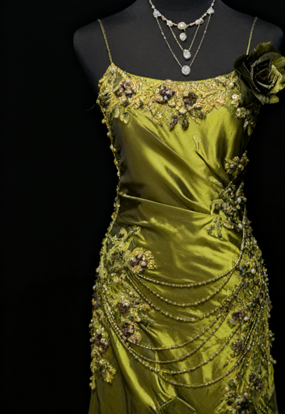 Elegant Mermaid Spaghetti Strap Dark Green Long Prom Dresses Satin Beaded Evening Gowns Dark Green Formal Dresses ED04519