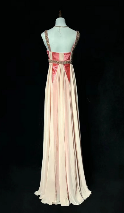 Fairy Sheath Strap Pink Long Prom Dresses, Chiffon Beaded Evening Gowns Pink Formal Dresses ED04520