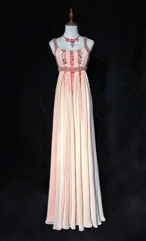 Fairy Sheath Strap Pink Long Prom Dresses, Chiffon Beaded Evening Gowns Pink Formal Dresses ED04520