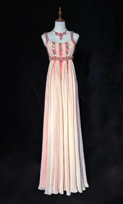 Fairy Sheath Strap Pink Long Prom Dresses, Chiffon Beaded Evening Gowns Pink Formal Dresses ED04520