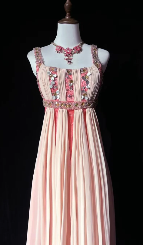Fairy Sheath Strap Pink Long Prom Dresses, Chiffon Beaded Evening Gowns Pink Formal Dresses ED04520