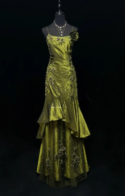 Elegant Mermaid Spaghetti Strap Dark Green Long Prom Dresses Satin Beaded Evening Gowns Dark Green Formal Dresses ED04519
