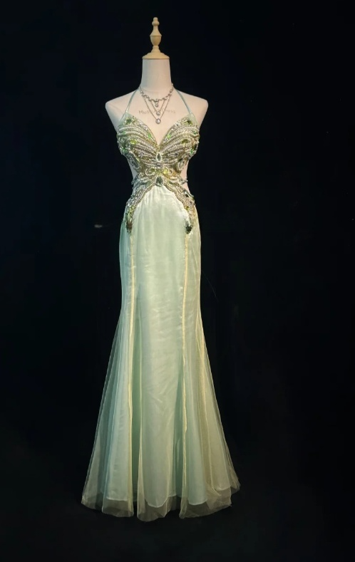 Vintage Mermaid V-neck Light Green Long Prom Dresses Chiffon Beaded Evening Gowns Light Green Formal Dresses ED04521